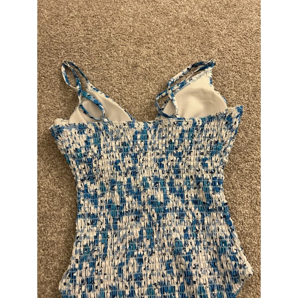 Vintage Smocked One Piece Swimsuit Womens Blue White Floral Excellent High Cut